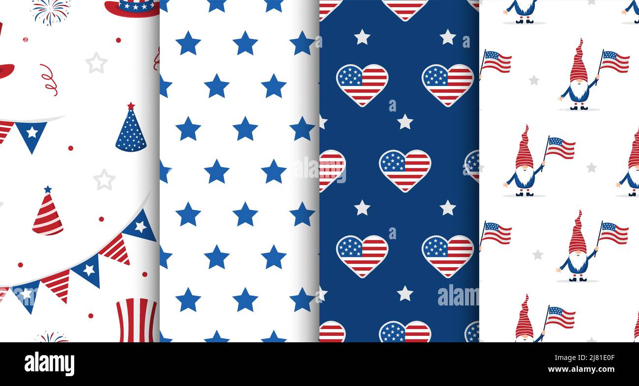 Jour de l'indépendance des États-Unis. Ensemble de motifs sans coutures avec éléments festifs. Contexte des fêtes pour la célébration du 4th juillet. Journée nationale de la liberté. Vecteur Illustration de Vecteur