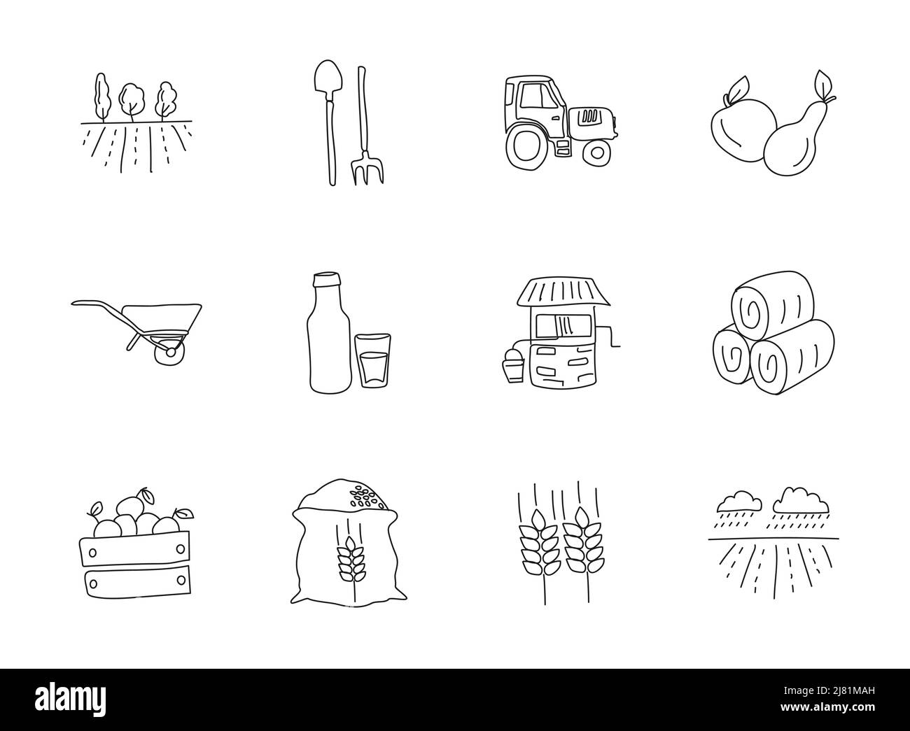 agriculture et élevage de gribouillages isolés sur blanc Illustration de Vecteur