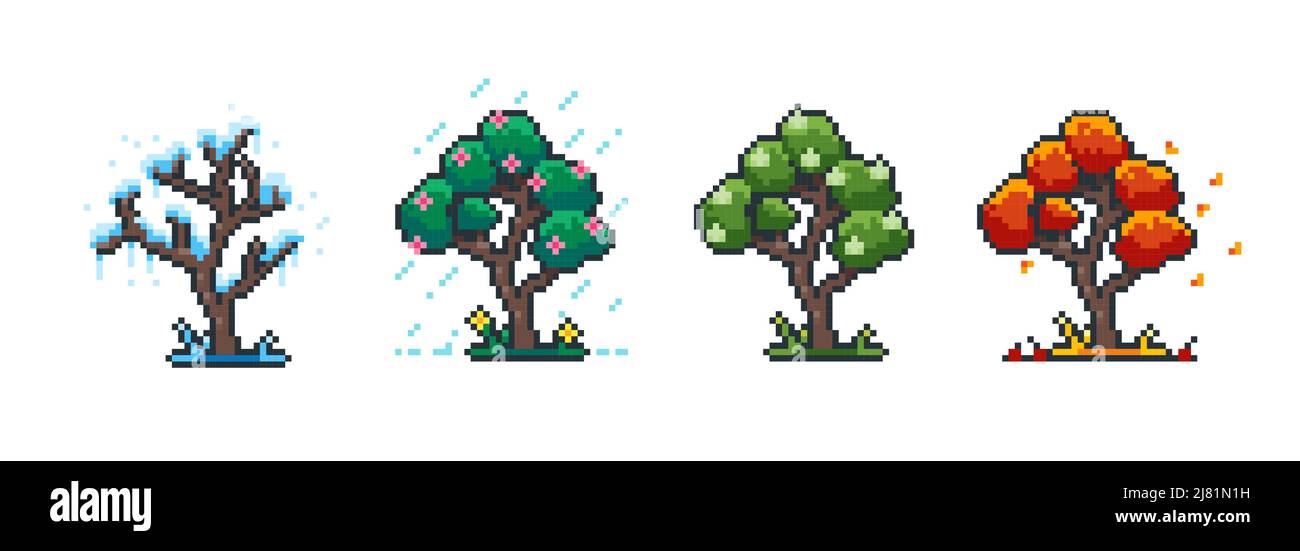 Arbre de pixels de saison. 8 bits printemps été automne et hiver arbre de dessin animé pour le jeu vidéo rétro. Plante de jardin vector verte et blanche Illustration de Vecteur