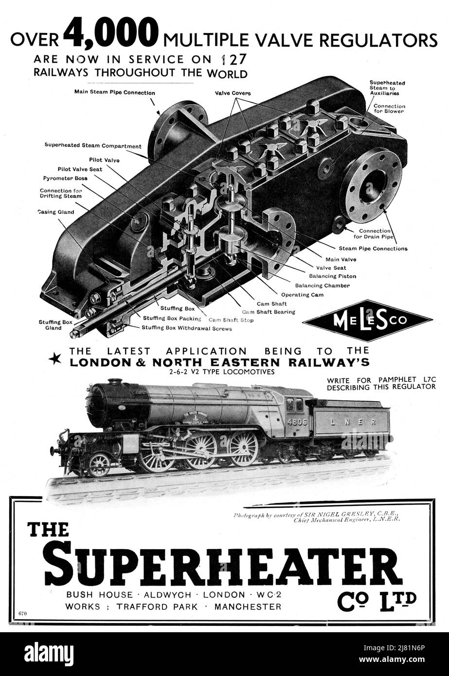 Une publicité Vintage 1938 pour les équipements de surchauffeur Loco de chemin de fer à vapeur pour les locomotives DE LNER de Melsco Banque D'Images
