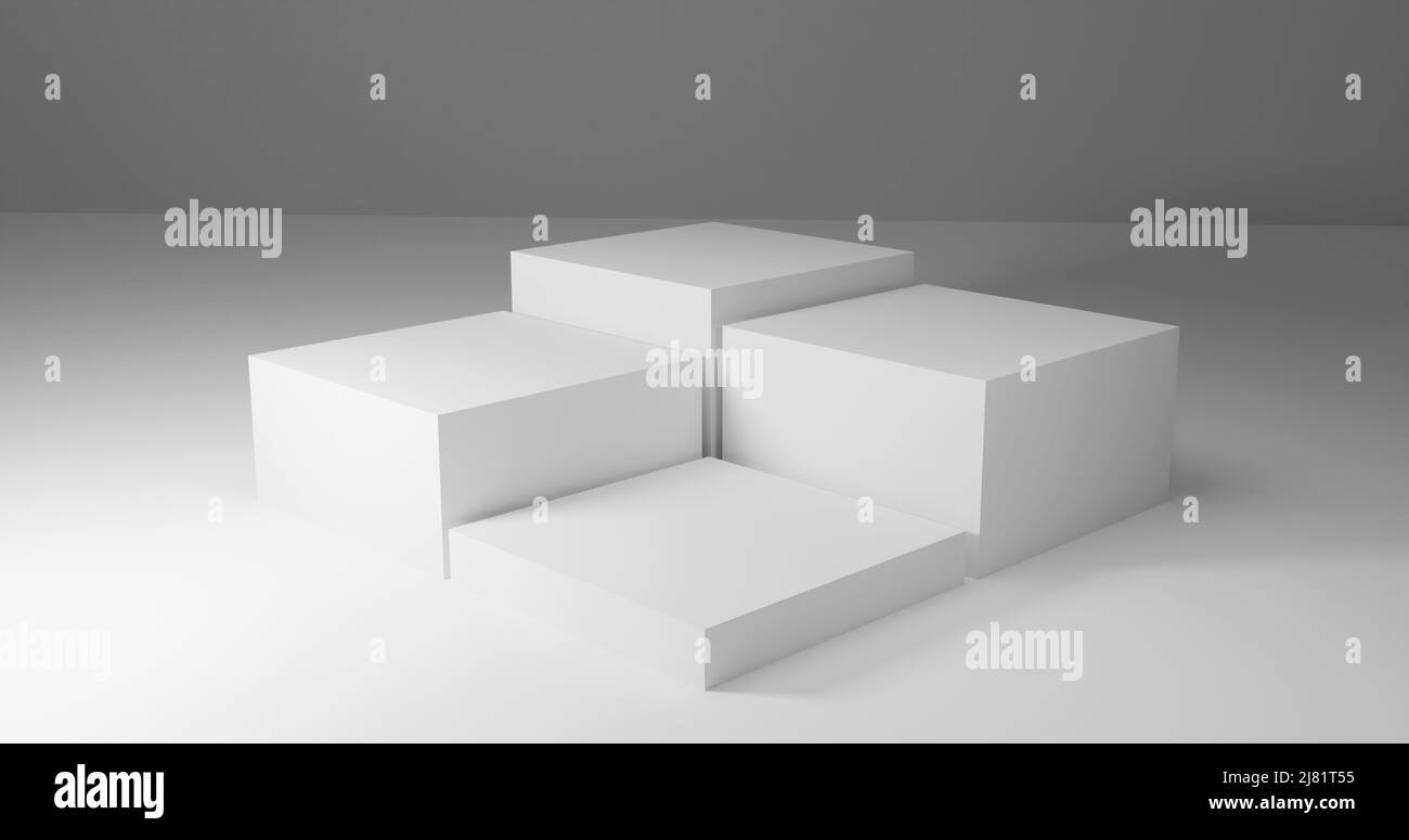 Présentation générique des produits. Quatre podiums cubes blancs. Scène minimale. Vue isométrique. Arrière-plan abstrait. 3d rendu de l'illustration Banque D'Images