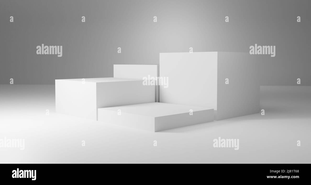Présentation générique des produits. Quatre podiums cubes blancs. Scène minimale. Arrière-plan abstrait. 3d rendu de l'illustration Banque D'Images