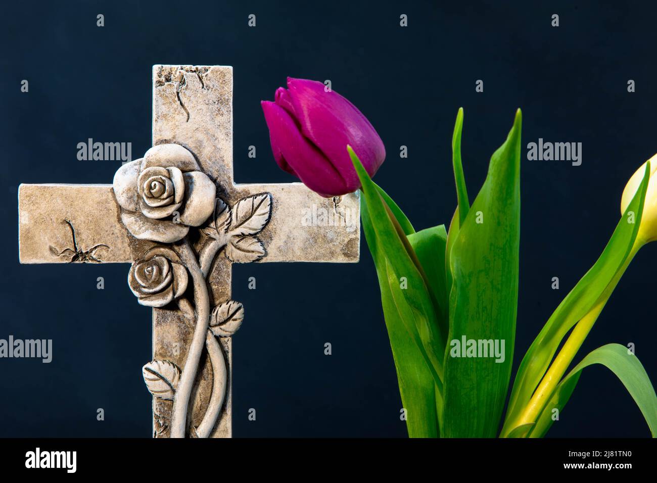 Croix religieuse et fleurs de tulipe sur fond sombre pour avis nécrologique. Pour les paroles religieuses. Banque D'Images