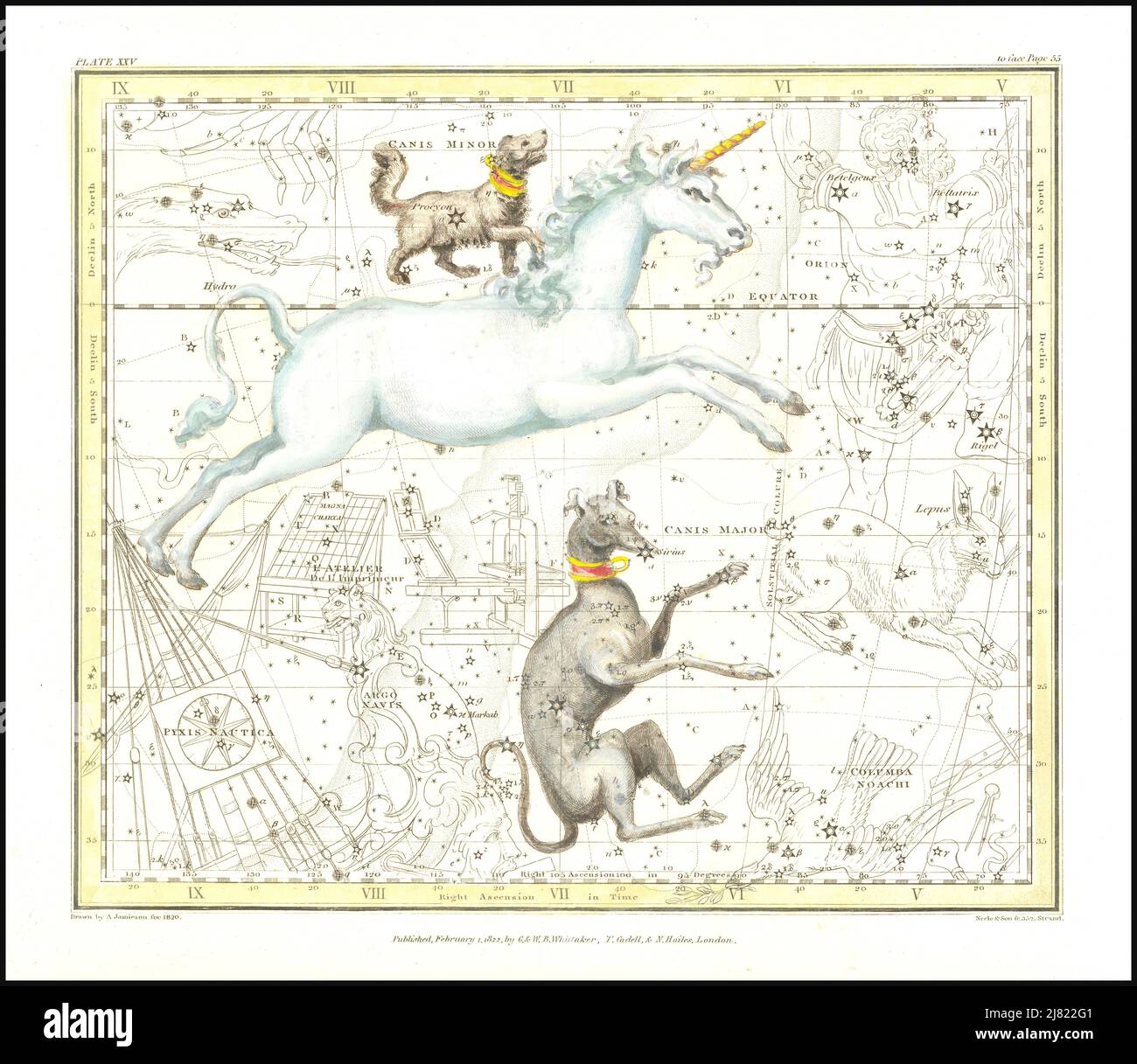 Alexandre Jamieson - l'Unicorne et le chien - planche 25 d'Un atlas céleste comprenant une exposition systématique des cieux - 1822 Banque D'Images