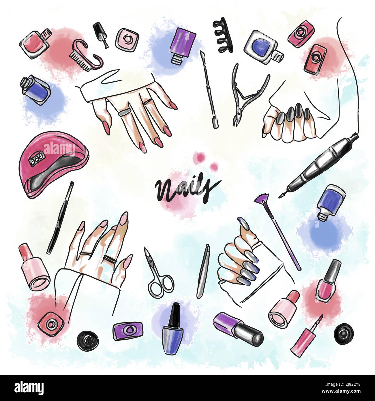 Aquarelle composée de longues nailsmulticolores Illustration de Vecteur