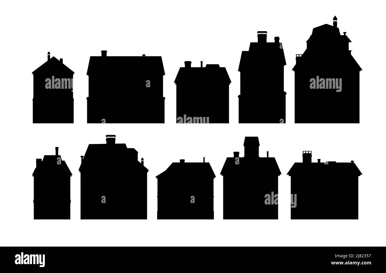 Maisons rurales avec silhouette. La petite ville abrite des quartiers résidentiels. Ensemble d'objets. Isolé sur fond blanc. Paysage urbain avec bâtiments. Boîtier Vect Illustration de Vecteur