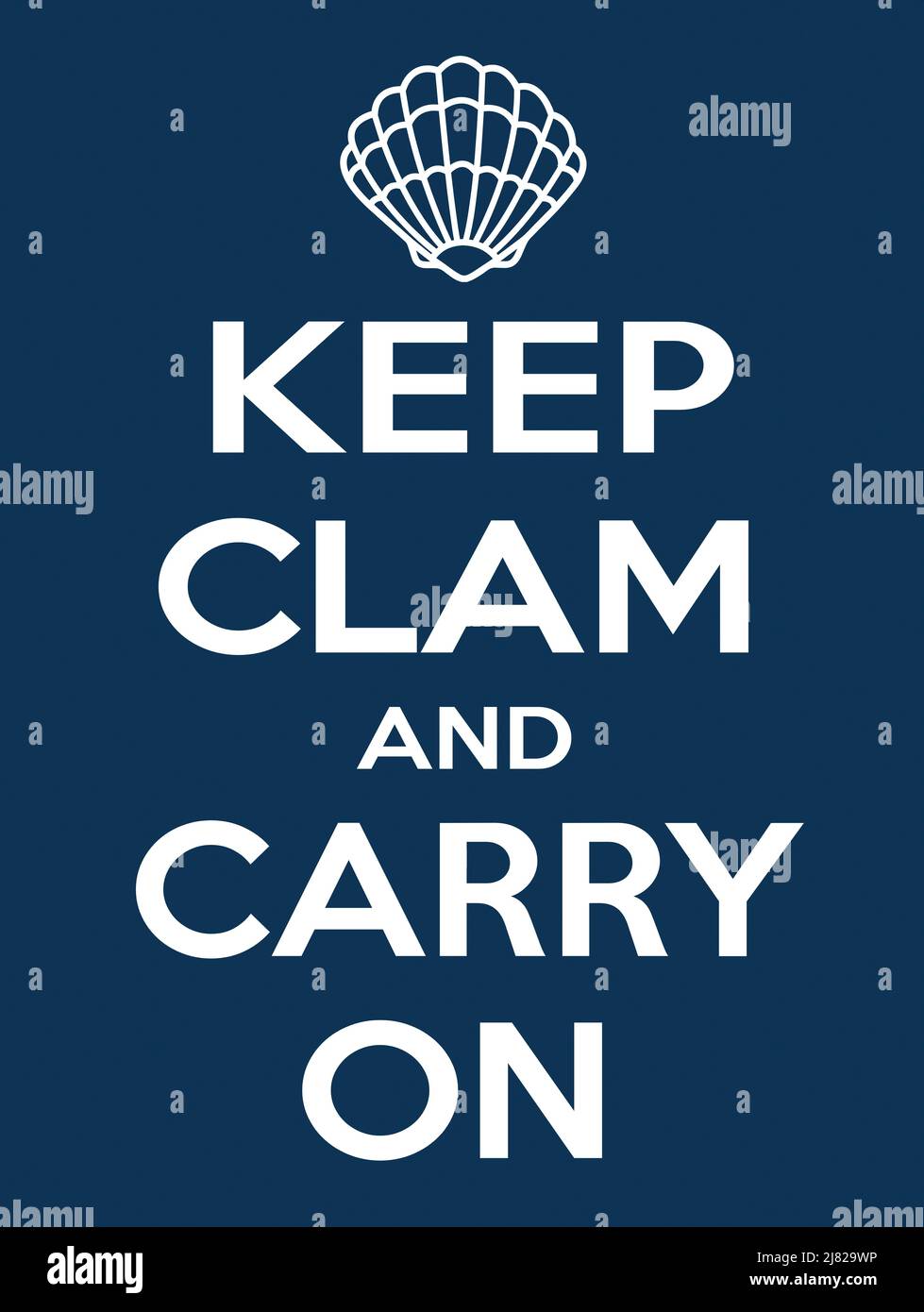 La légende « Keep Clam and Carry On » avec un motif de palourdes remplaçant la couronne, sur fond bleu Banque D'Images