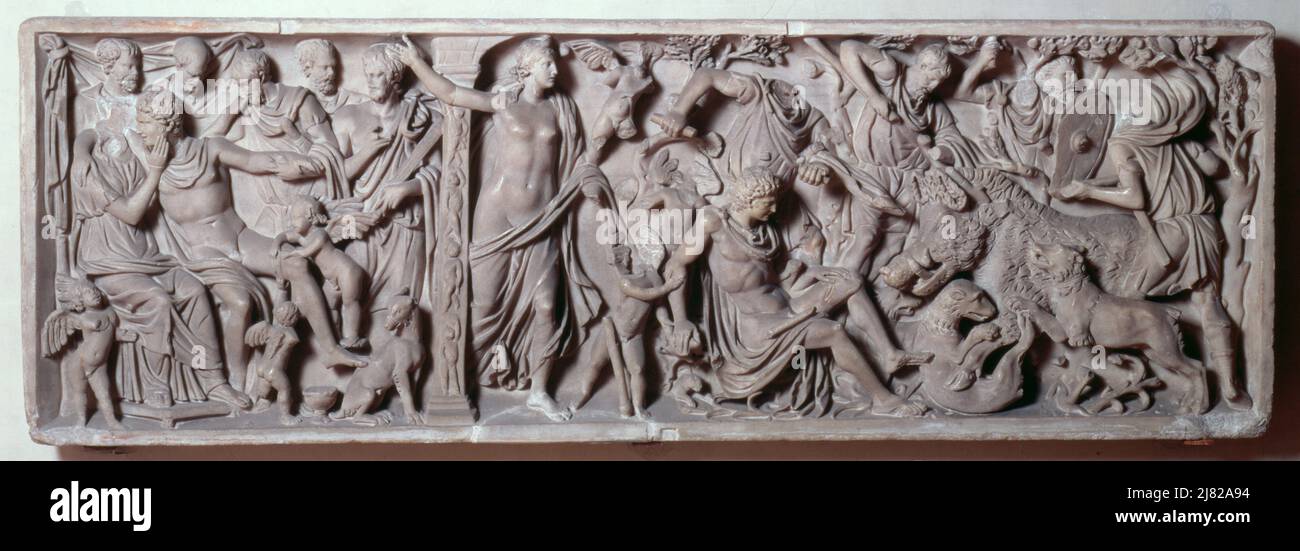 Avant d'un sarcophage représentant la mort d'Adonis, romain, 2nd siècle (marbre); Palazzo Ducale et Museo, Mantua, Lombardie, Italie; . Banque D'Images