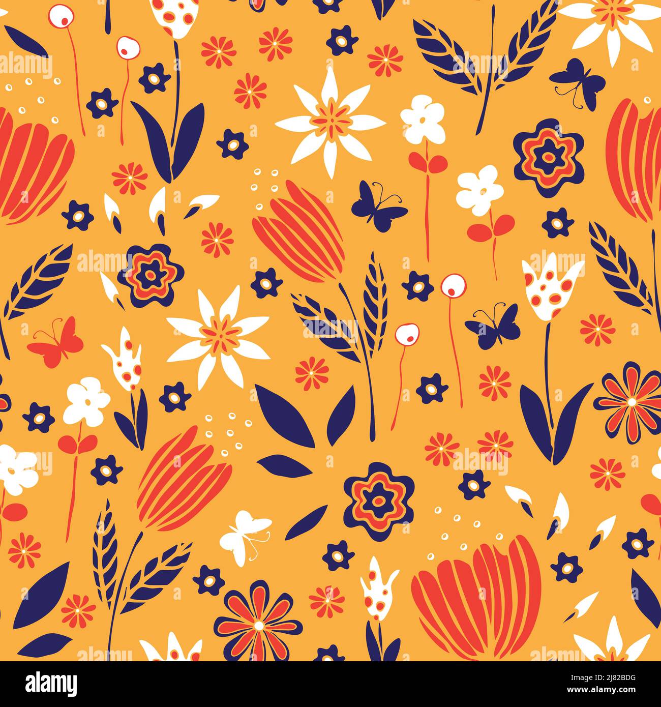 Motif vectoriel sans couture avec jardin fleuri sur fond jaune vif. Papier peint à motif fleuri dessiné à la main. Textile décoratif de mode vintage. Illustration de Vecteur