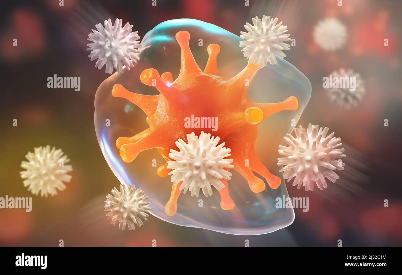 Les leucocytes attaquent le virus. Immunité du corps. 3D illustration de la recherche médicale Banque D'Images