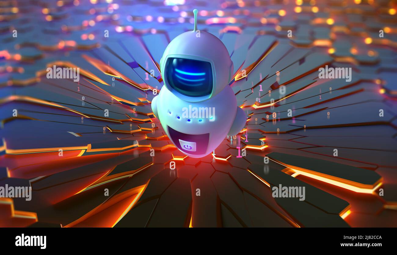 Ai et données globales. Robot, chat bot, android et évolution numérique de la robotique. Technologies de développement des processeurs Banque D'Images