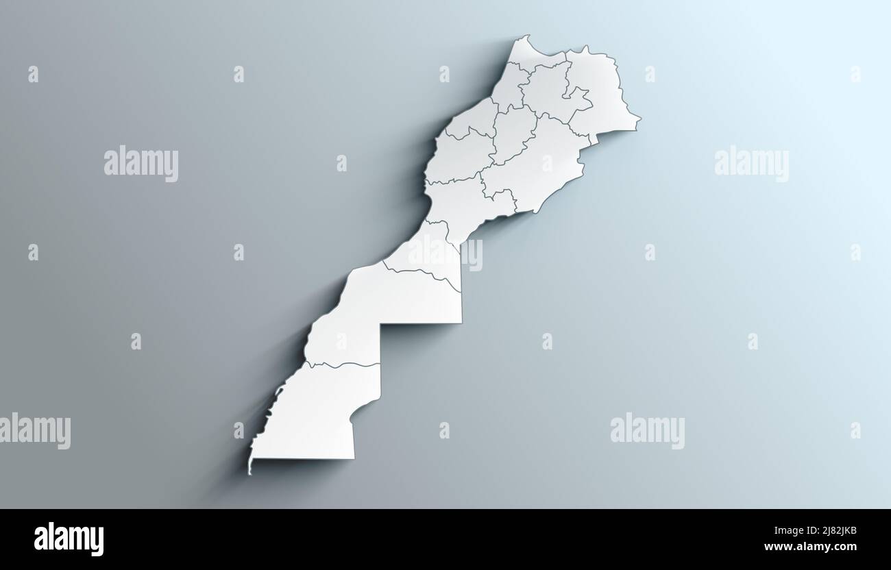 Pays politique carte géographique du Maroc avec région avec ombres Banque D'Images