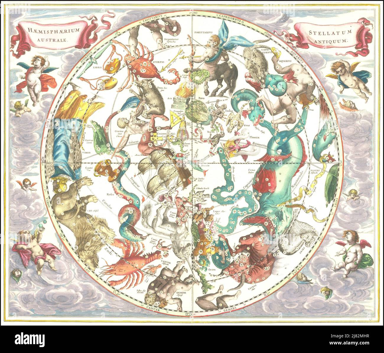 Andreas Cellarius - carte céleste du ciel du Sud - 1661 Banque D'Images