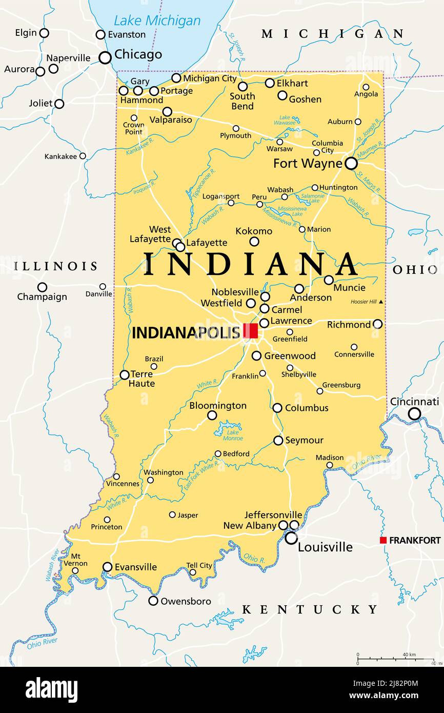 Indiana, IN, carte politique, avec la capitale Indianapolis, et les villes, rivières et lacs les plus importants. Dans la région du Midwest des États-Unis. Banque D'Images