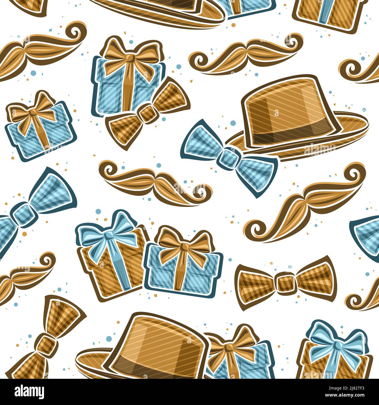 Motif vectoriel de la fête des pères sans couture, fond carré répétitif avec ensemble d'illustrations découpées de chapeau marron pour hommes, noeud papillon, boîtes-cadeaux bleues et ca Illustration de Vecteur