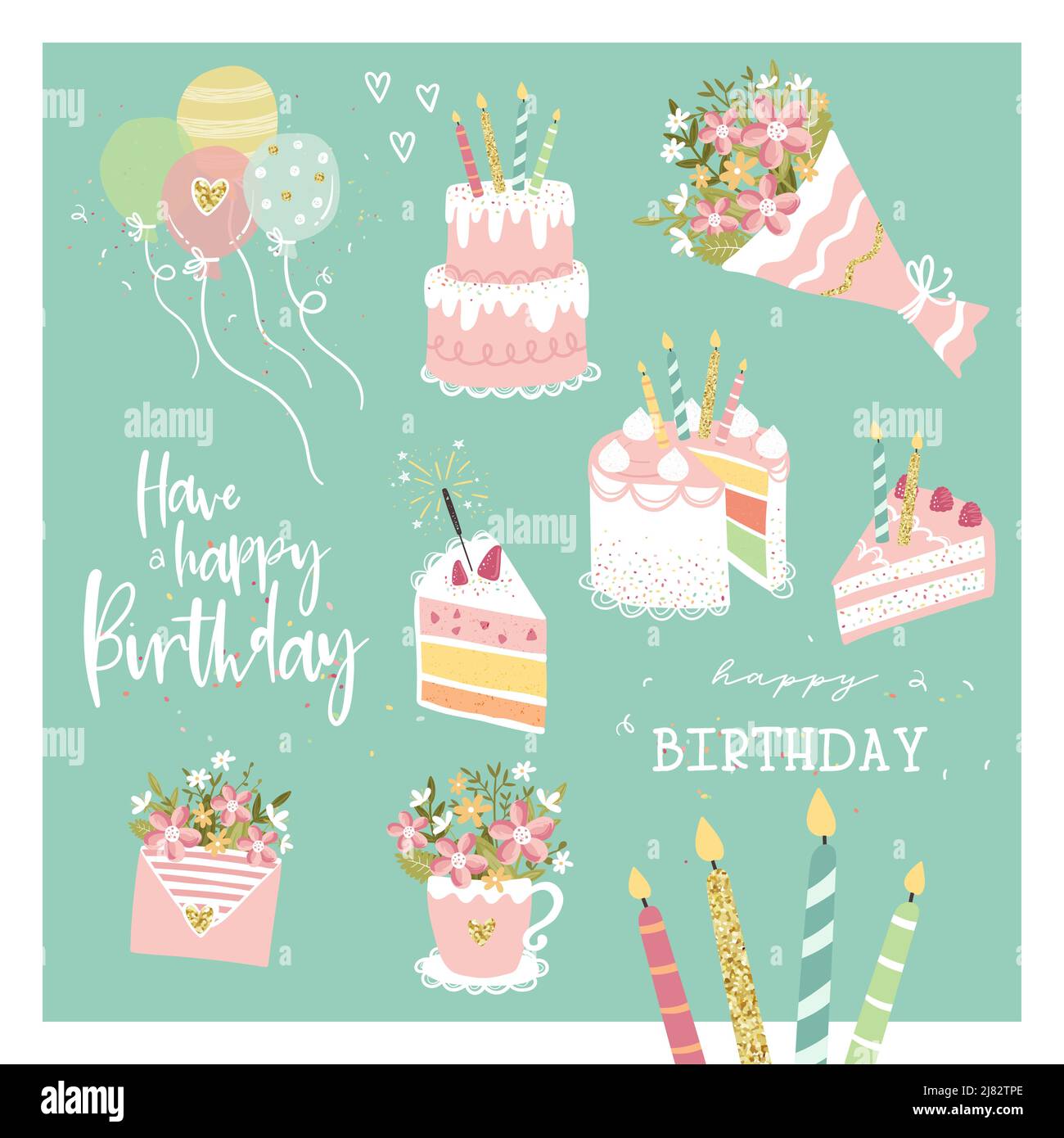 Cartes de fête dessinées à la main. Modèles adorables, super pour les fêtes d'anniversaire, bannières, fonds d'écran, invitations - design vectoriel Illustration de Vecteur