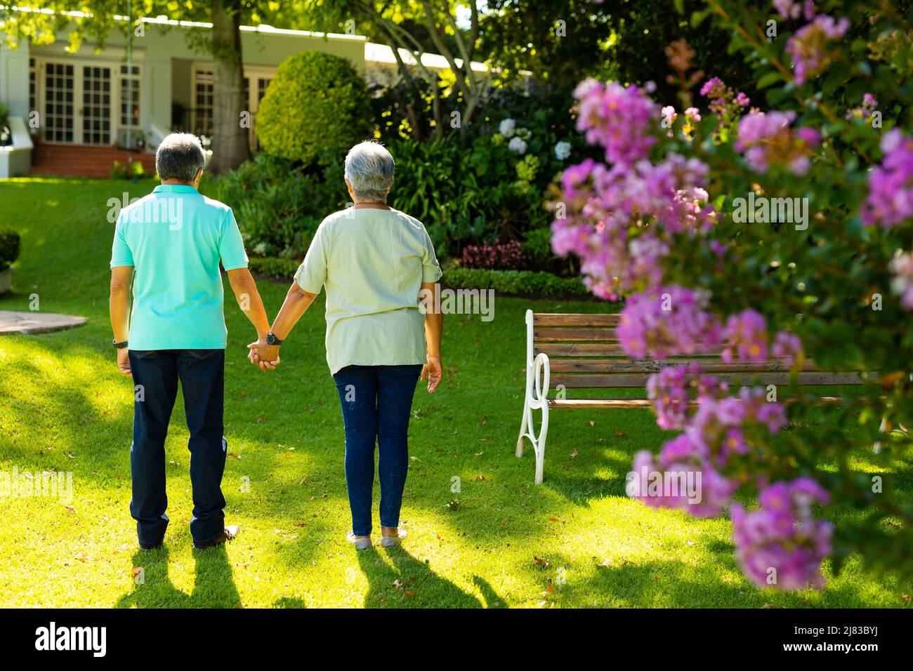 Vue arrière du couple biracial senior qui tient les mains tout en étant debout sur une terre herbeuse dans le parc Banque D'Images