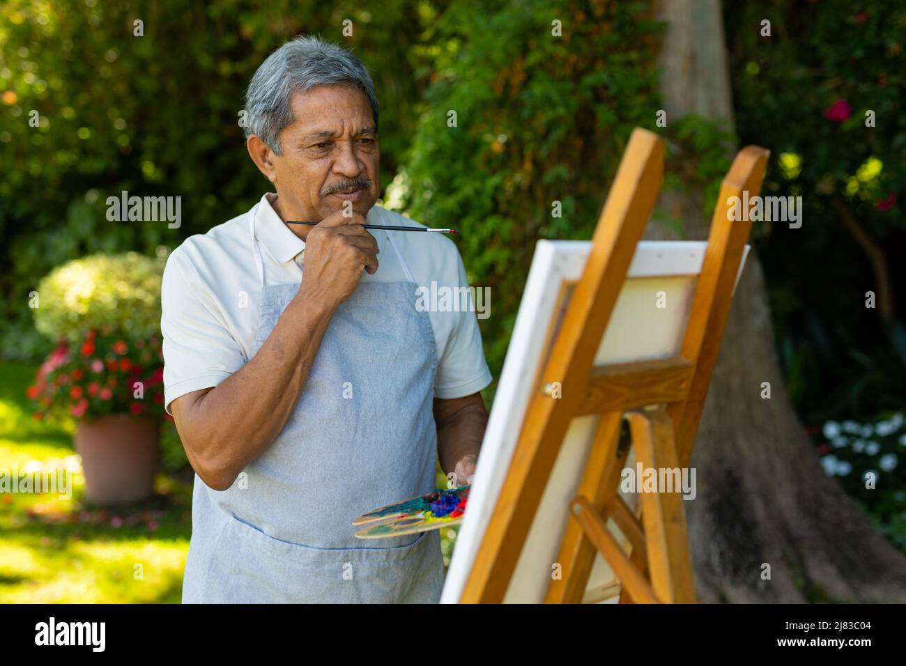 Homme biracial senior tenant la réflexion de pinceau tout en regardant la peinture contre les plantes dans la cour Banque D'Images