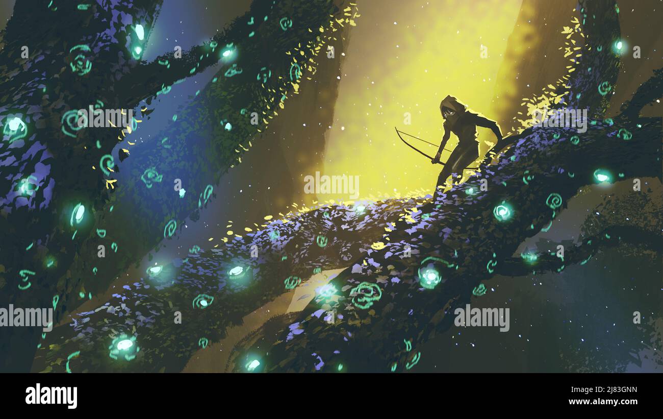 Archer debout sur un arbre dans la forêt de fantaisie, style d'art numérique, peinture d'illustration Banque D'Images