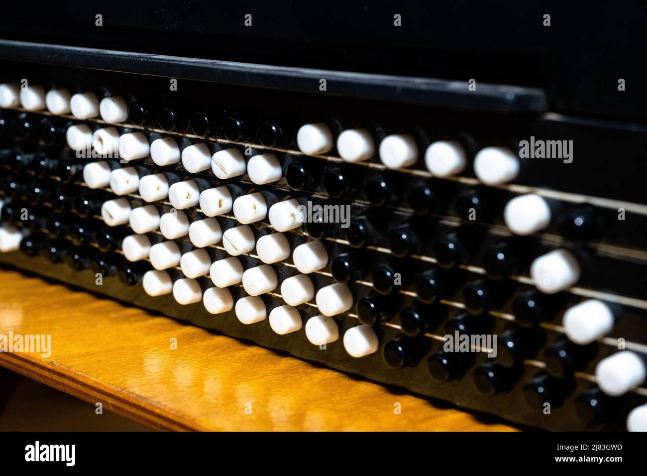Touches d'accordéon en gros plan. Instrument de musique. Noir et blanc. Banque D'Images