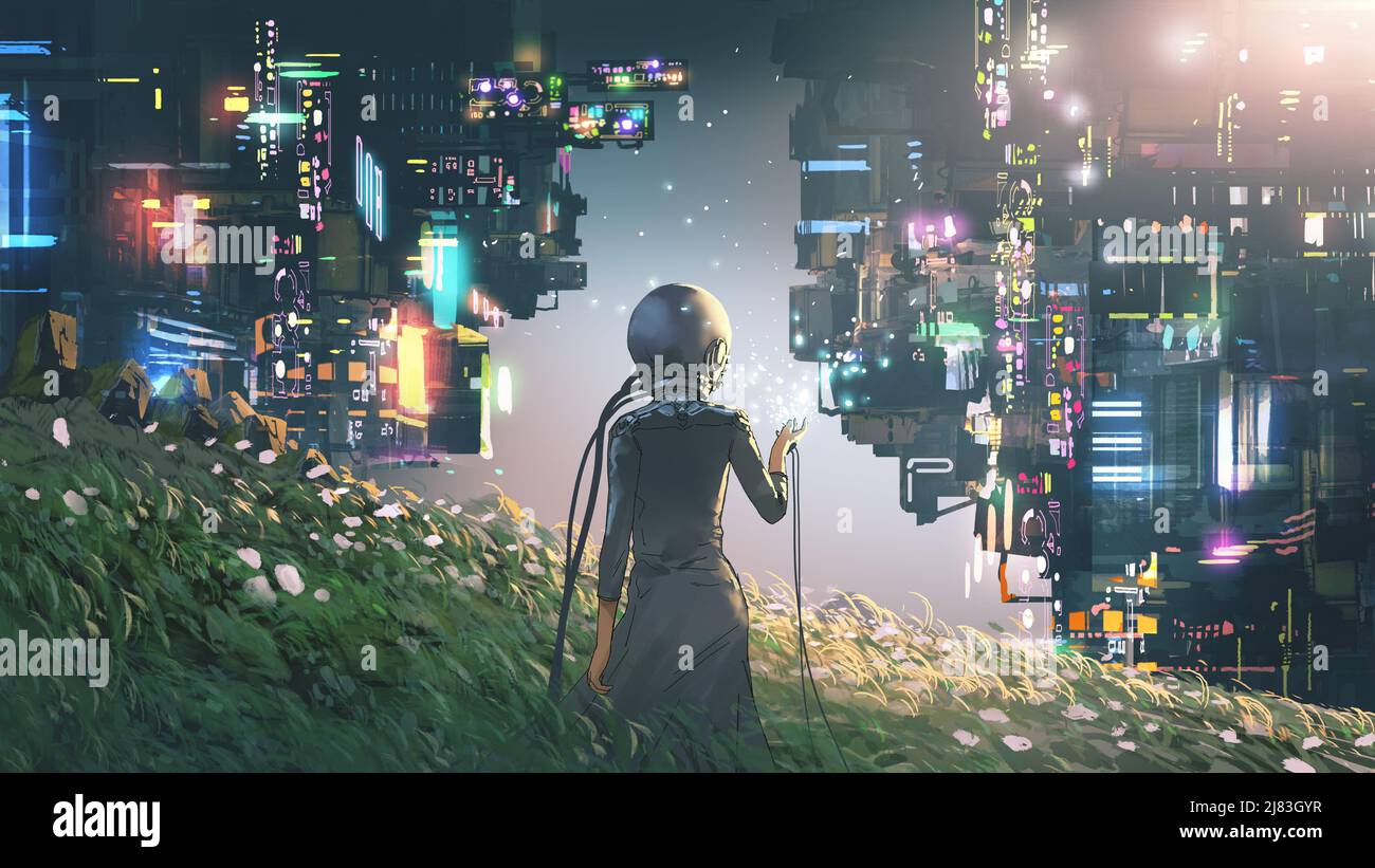 Femme portant un casque futuriste debout dans un monde virtuel, style d'art numérique, peinture d'illustration Banque D'Images