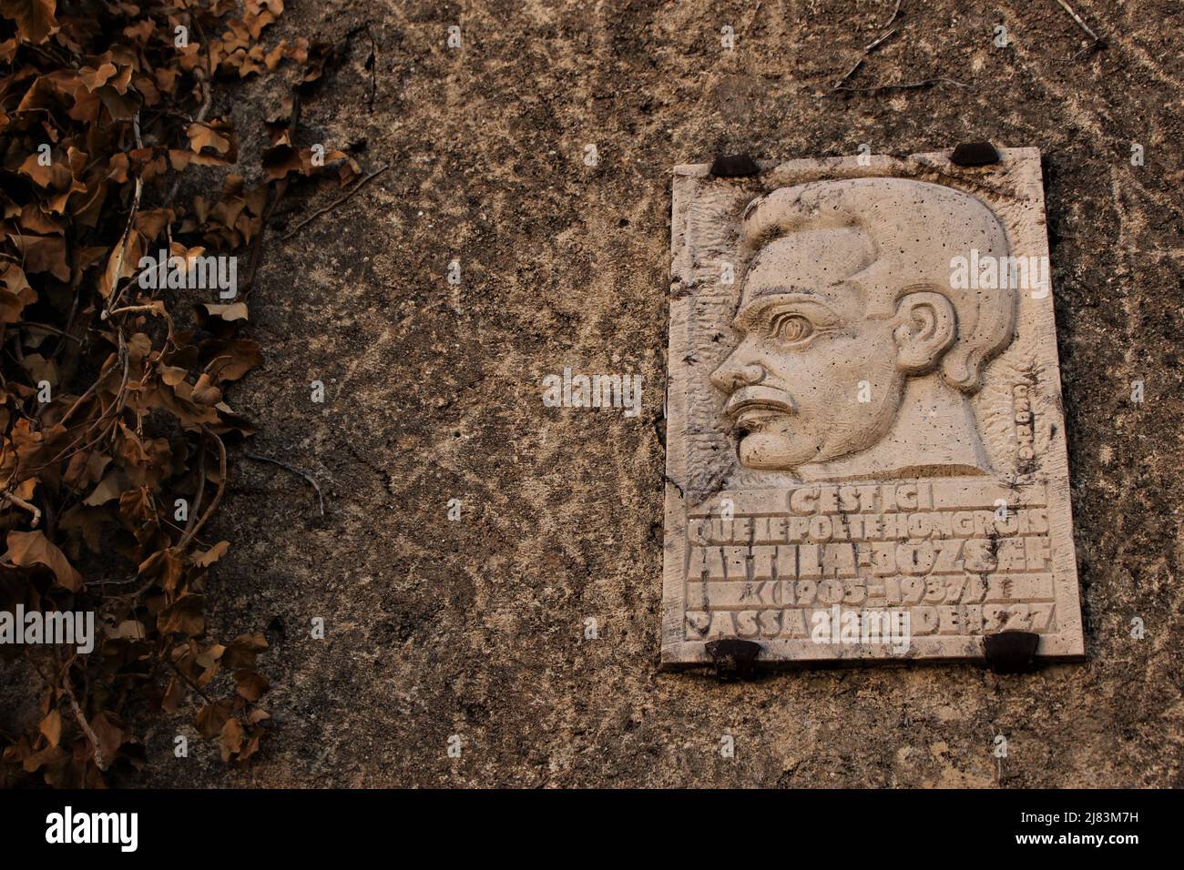 Plaque pour Attila Jozsef, un célèbre poète hongrois qui a vécu en France à partir de 1926-1927, y compris un mois à Cagnes-sur-Mer où se trouve cette plaque. Banque D'Images