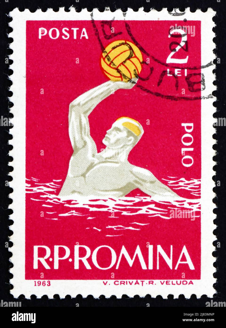 ROUMANIE - VERS 1963: Un timbre imprimé en Roumanie montre l'homme jouant Water Polo, Sport, vers 1963 Banque D'Images