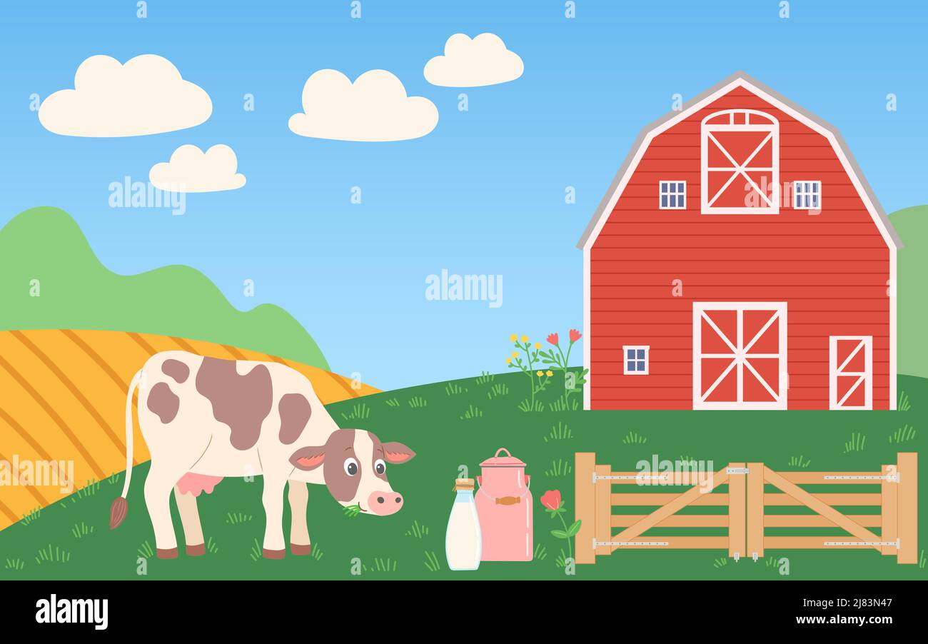 Ferme avec illustration vectorielle à motif plat de vache Illustration de Vecteur