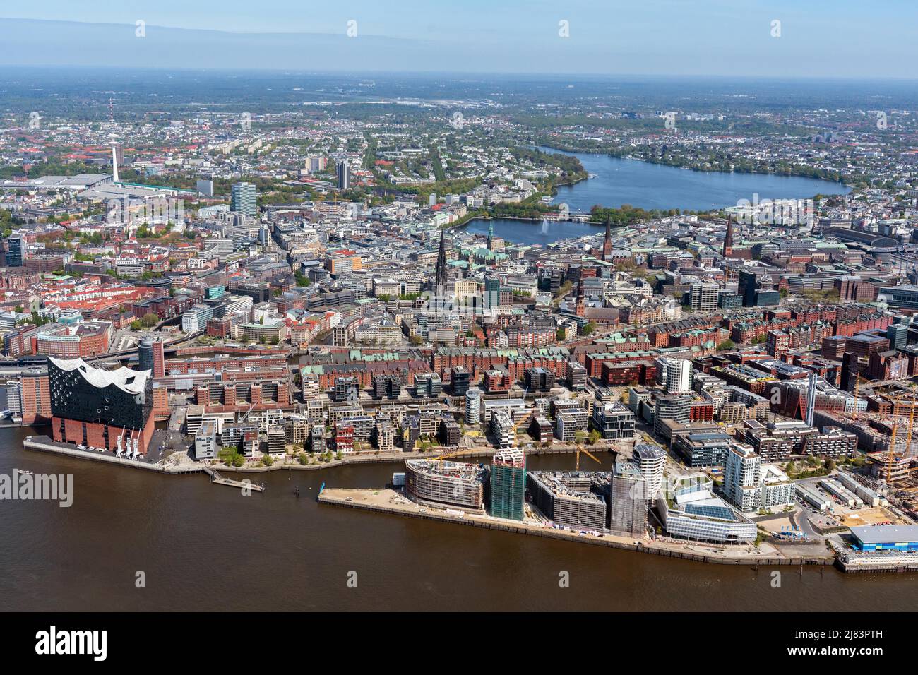 HafenCity à l'Alster, vue aérienne sur la ville Hambourg, Hafencity, Speicherstadt, Alster, salle philharmonique d'Elbe, Tour de télévision, église, centre-ville Banque D'Images