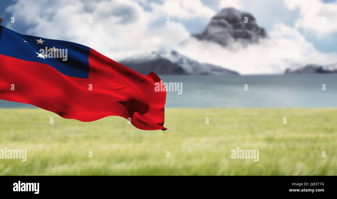 Image composite du drapeau des samoa en agitant contre le paysage avec les prairies et les montagnes Banque D'Images