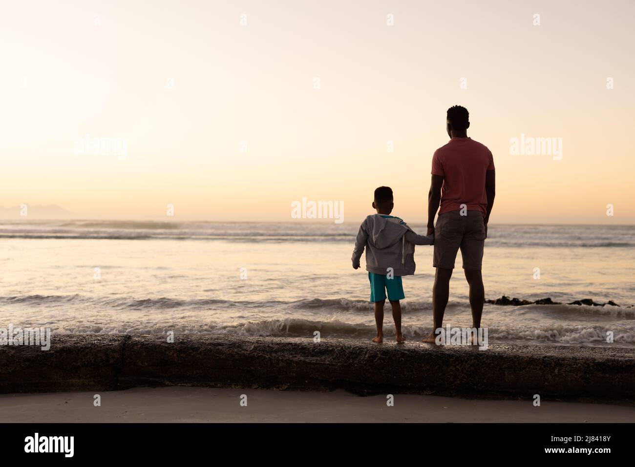 Vue arrière du jeune homme afro-américain avec son fils regardant la mer contre un ciel clair pendant le coucher du soleil Banque D'Images