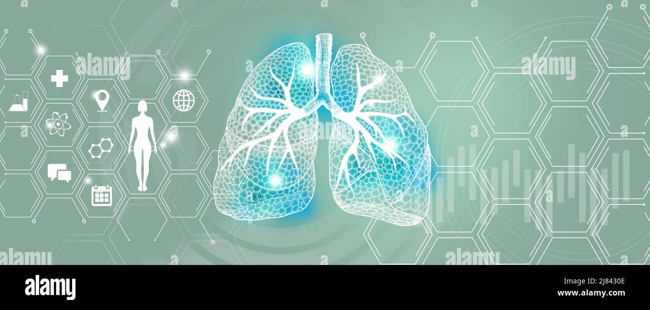 Recherche et rétablissement sur les maladies des poumons des organes internes humains. Palette de modèles turquoise, espace de copie pour le texte. Banque D'Images