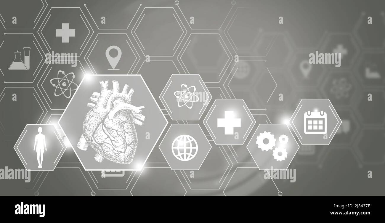 Aide d'urgence cardiaque interne à l'organe humain et protection contre les maladies. Palette de modèles grise, espace de copie pour le texte. Banque D'Images Aide d'urgence cardiaque interne à l'organe humain et protection contre les maladies. Palette de modèles grise, espace de copie pour le texte. Banque D'Images
