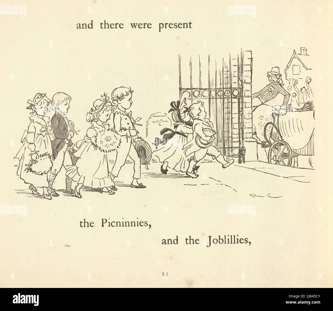 Illustration vintage de la scène du Grand Panjandrum lui-même, illustrée par Randolph Caldecott. Petits garçons et filles marchant bras dans le bras, hors de l'église Banque D'Images