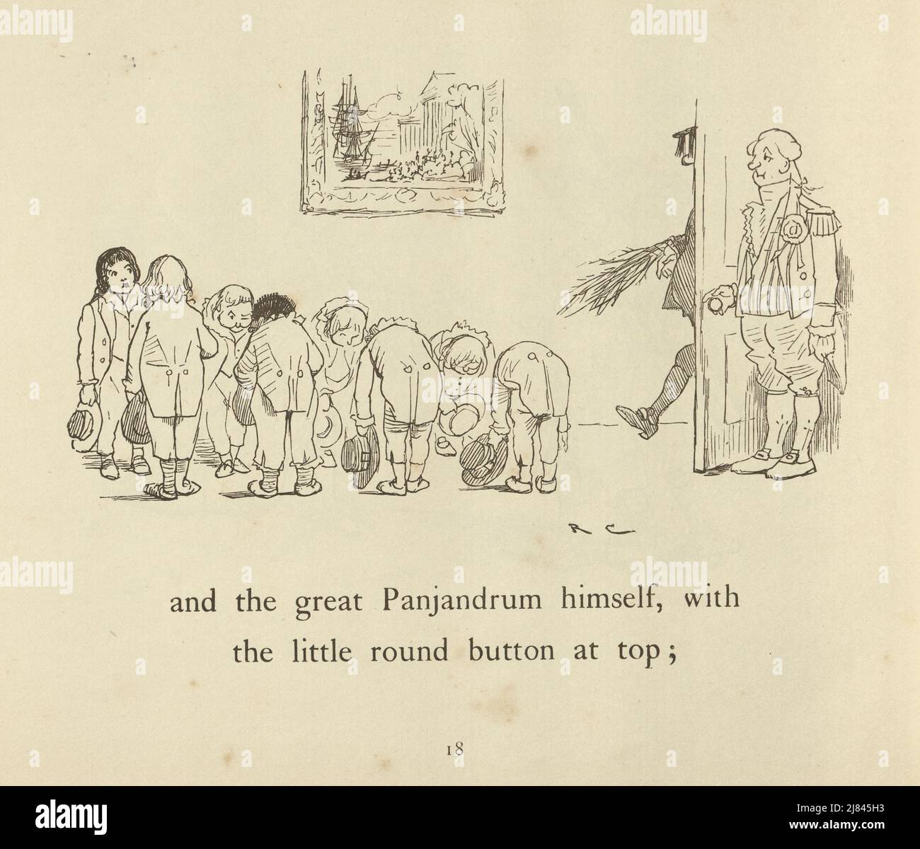 Illustration vintage de la scène du Grand Panjandrum lui-même, illustrée par Randolph Caldecott. Les enfants de l'école se font la queue pour accueillir leur enseignant Banque D'Images