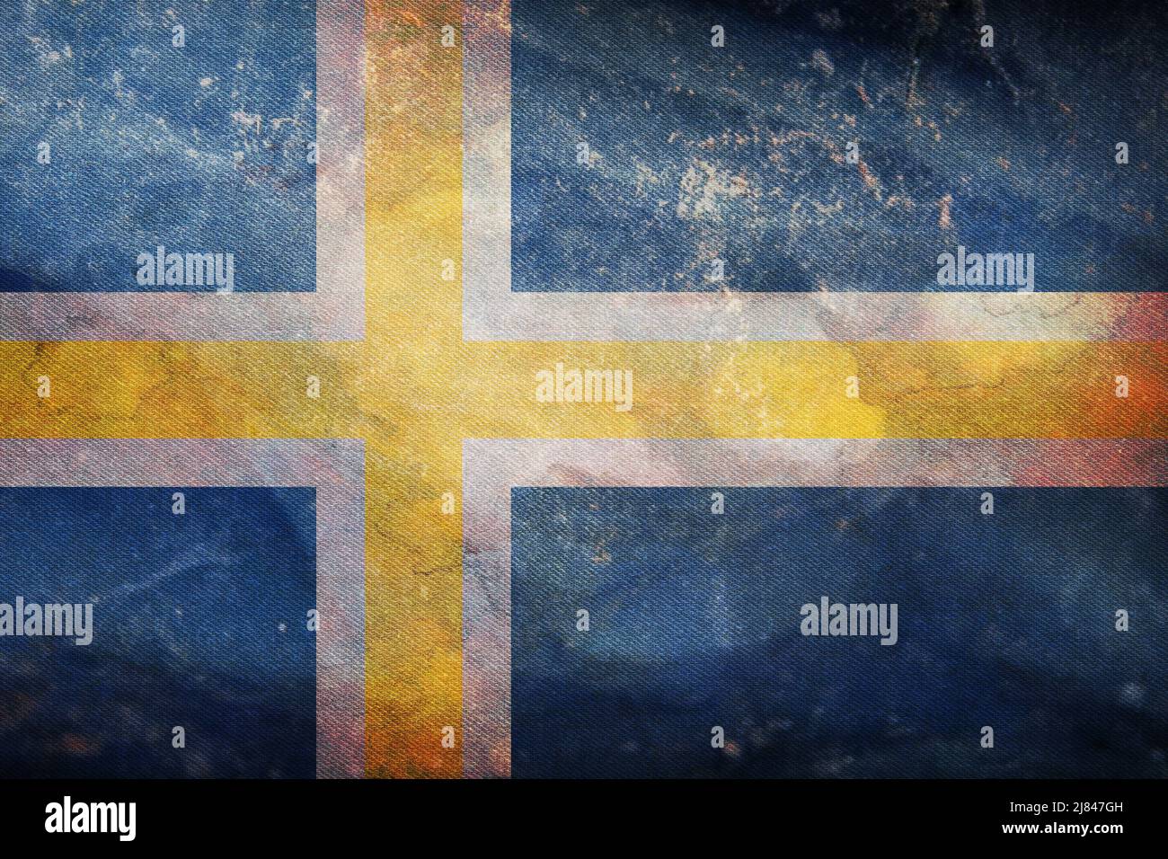 Vue de dessus du drapeau rétro régional Roslagen, Suède avec texture grunge. Le voyage suédois et le patriote concept. Pas de mât. Plan, conception. Retour drapeau Banque D'Images