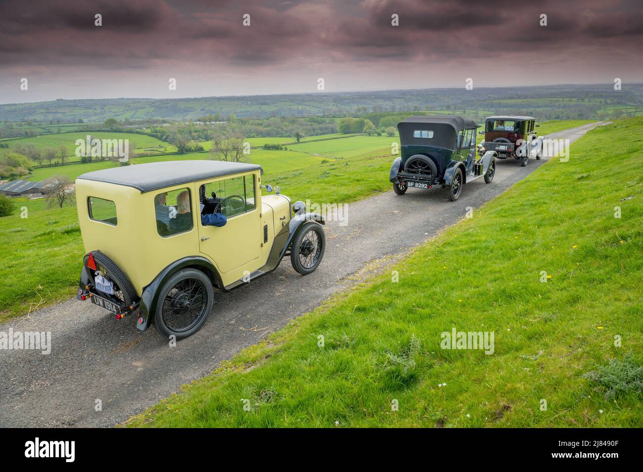 Les membres du club automobile d’Austin avant la guerre 7 qui participent à la tournée « Century of Sevens Celebration » autour des Dales du Derbyshire. Banque D'Images