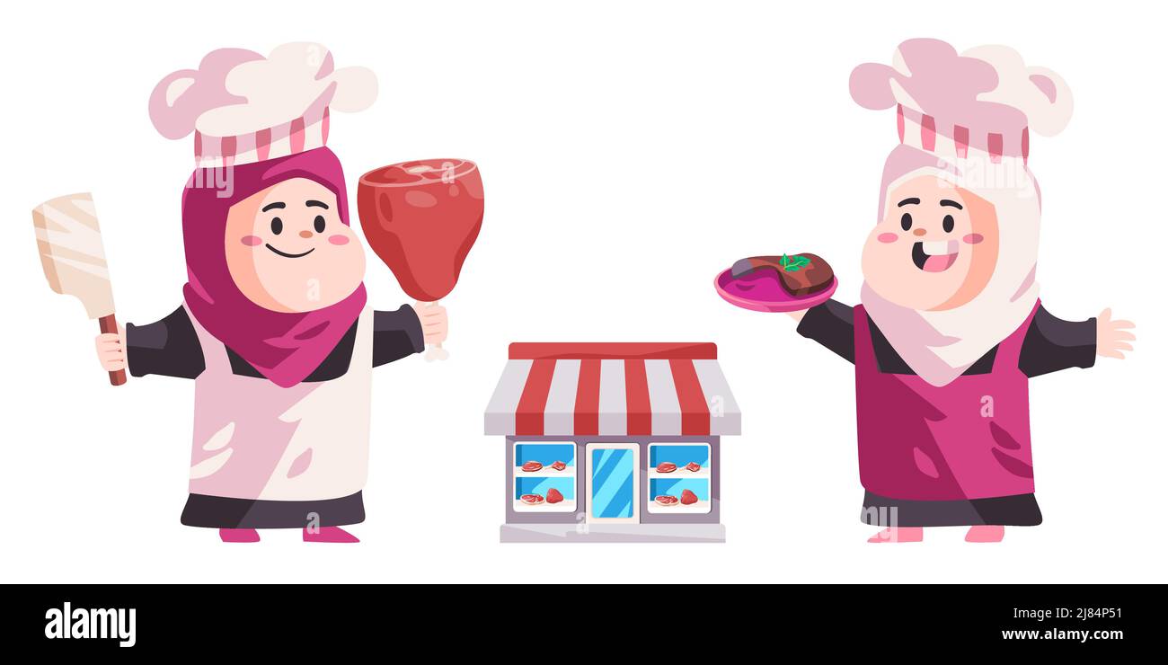 Femme hijab cuisine chef musulman chapeau beurrer viande rouge magasin Illustration de Vecteur