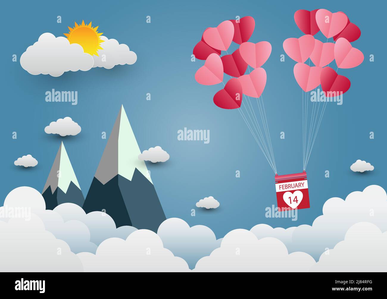 ballon de la saint-valentin en forme de coeur flottant dans le ciel et de belles montagnes nuage.papier art.vecteur illustration Illustration de Vecteur