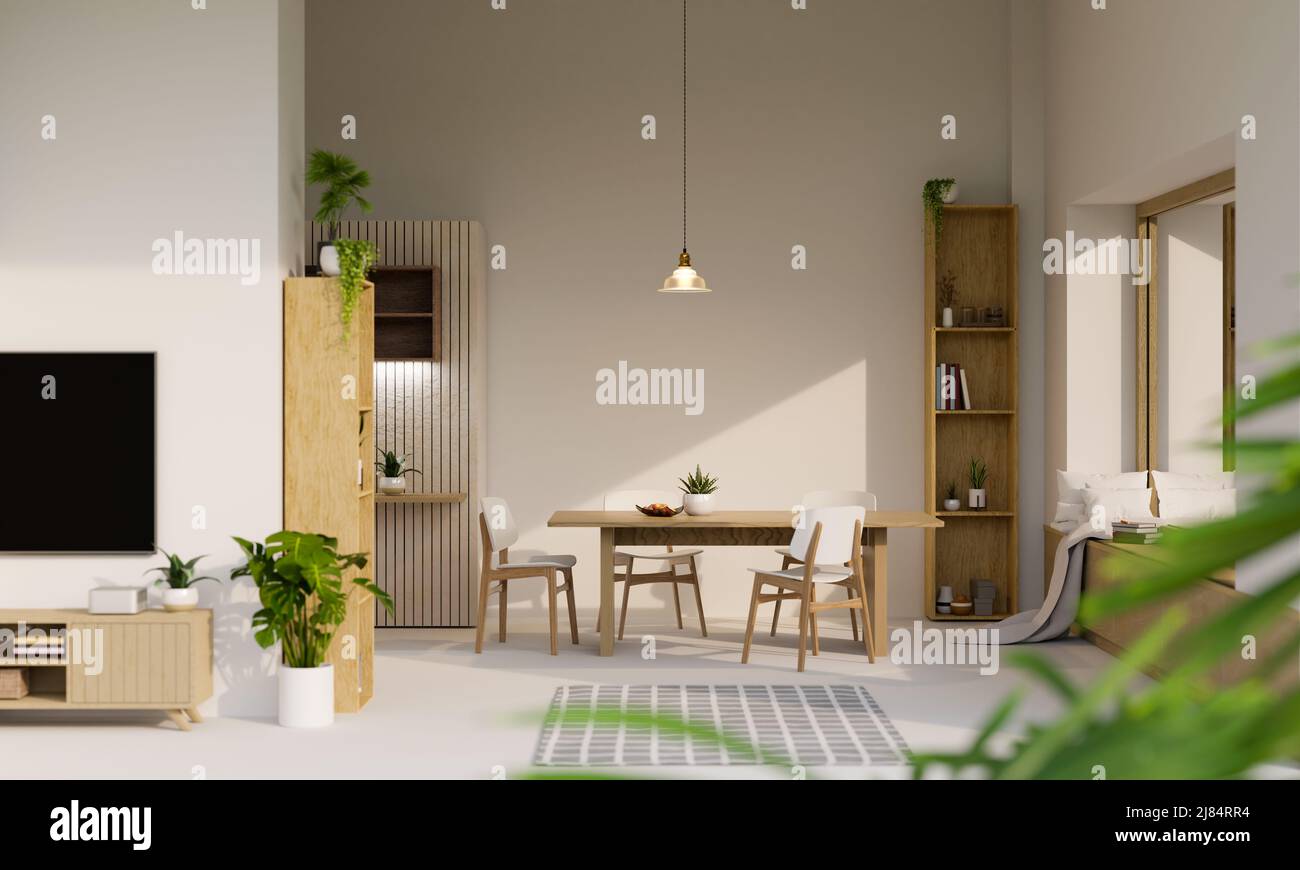 Décoration intérieure moderne blanche de la salle à manger avec une table à manger en bois élégante, chaises en bois près de la fenêtre en verre, étagères en bois et mobilier pour dec Banque D'Images