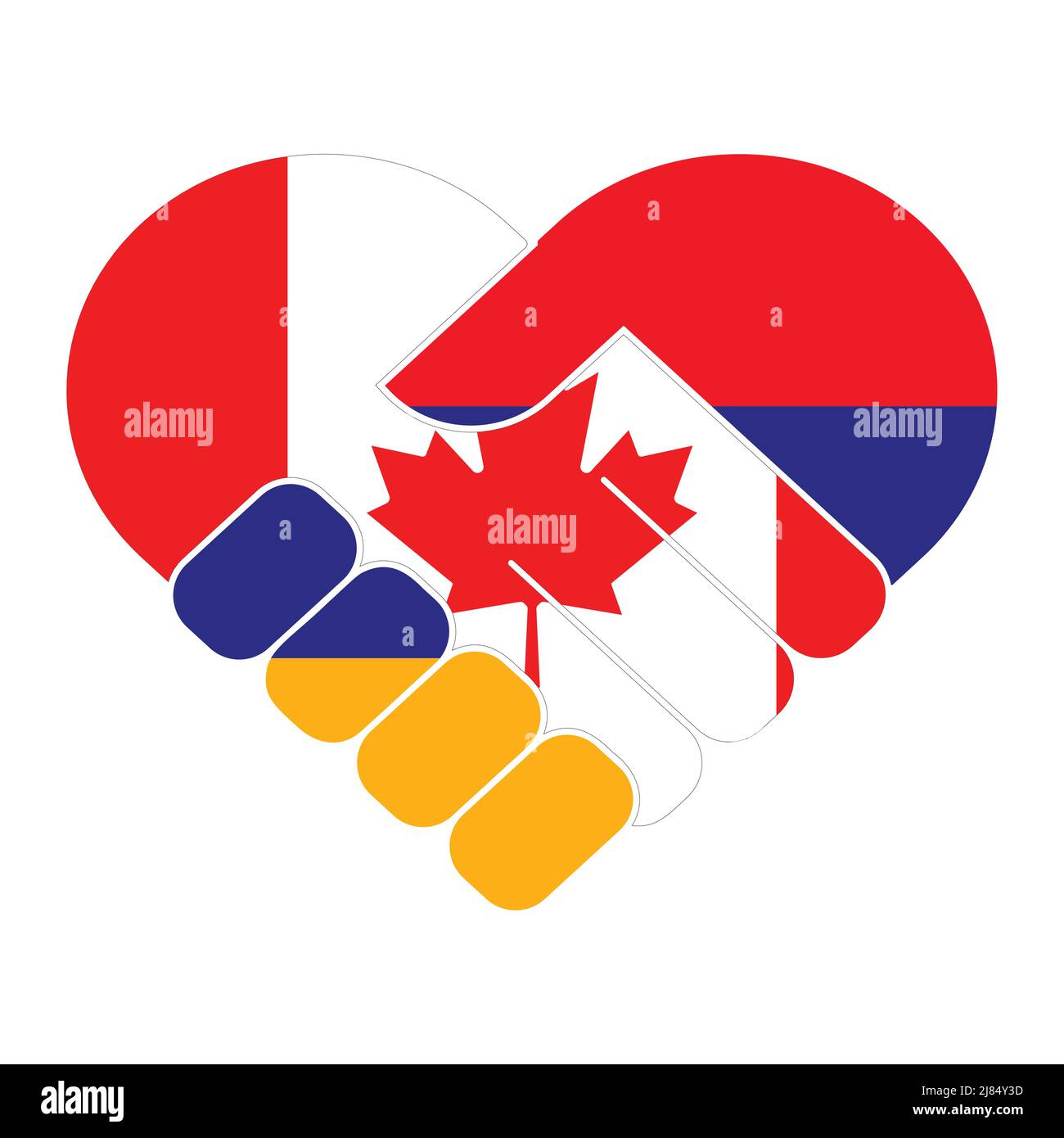 Symbole de poignée de main aux couleurs des drapeaux nationaux du Canada et de l'Arménie, formant un coeur. Illustration de Vecteur