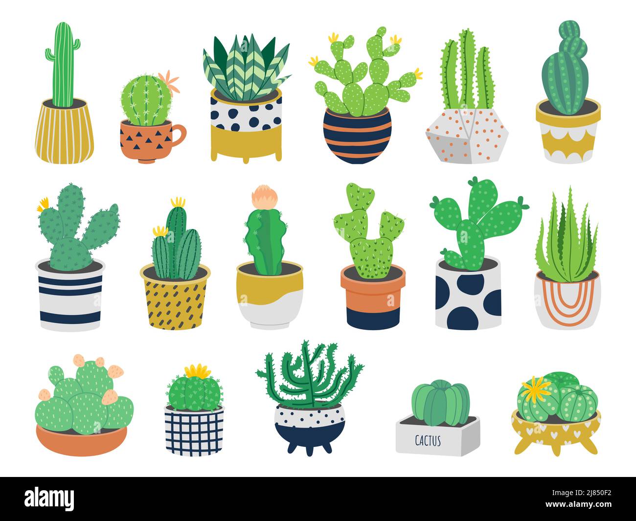 Cactus en pots. Mignon dessin animé exotique plantes succulentes en pots de fleurs, plante décorative de désert. Ensemble vectoriel isolé Illustration de Vecteur Cactus en pots. Mignon dessin animé exotique plantes succulentes en pots de fleurs, plante décorative de désert. Ensemble vectoriel isolé Illustration de Vecteur
