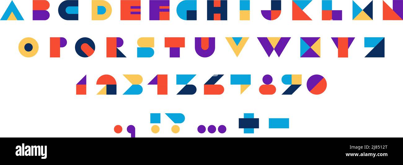 Alphabet géométrique. Police abstraite moderne avec chiffres et signes de ponctuation, caractères typographiques stylisés colorés. Ensemble de vecteurs Illustration de Vecteur