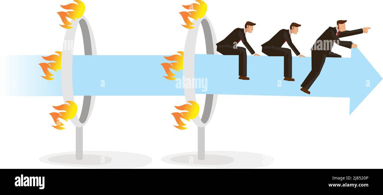 Homme d'affaires volant sur l'anneau de cerceau de feu avec son équipe. Concept de risque et de courage de l'entreprise. Illustration vectorielle de personnage de dessin animé plat. Illustration de Vecteur
