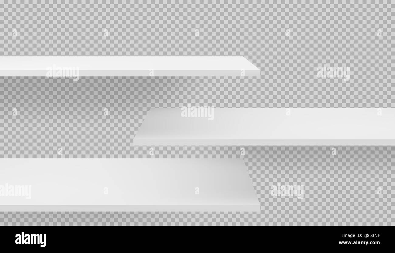 3D longues étagères blanches vides en bois ou en plastique se masquant sur fond transparent avec ombres. Modèle d'organisation de magasin de livres et de magazines pour la merc Illustration de Vecteur