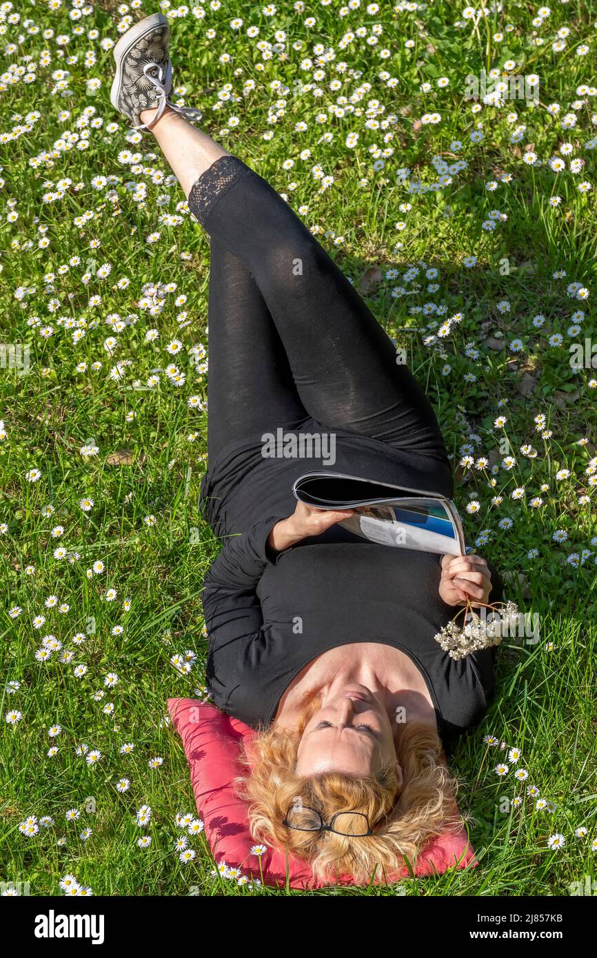 Vue de dessus d'une femme blonde lisant un magazine dans un jardin d'herbe et de pâquerettes avec sa tête sur un oreiller rouge et des fleurs blanches dans une main Banque D'Images