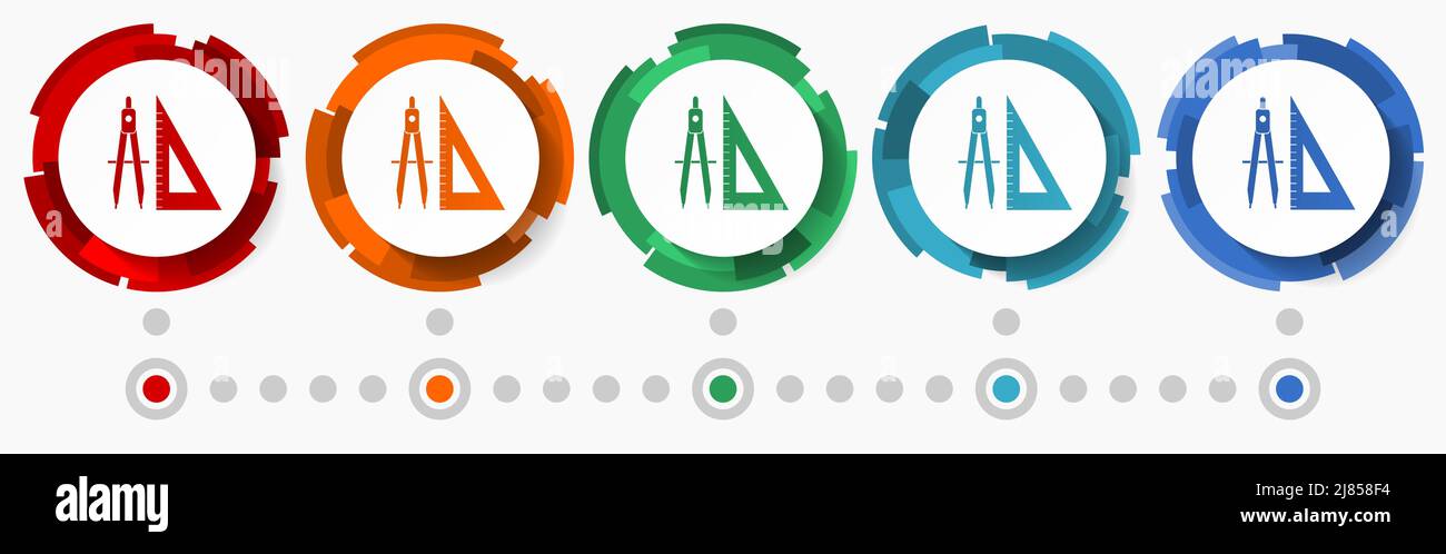 Géométrie, éducation, jeu d'icônes vectorielles de concept d'école, design moderne résumé boutons Web i n 5 options de couleur, modèle d'infographie Illustration de Vecteur