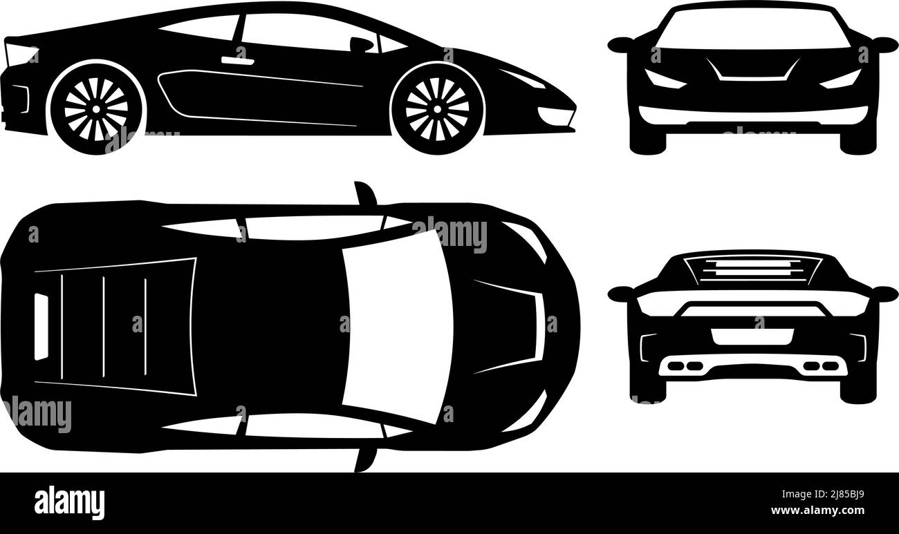Silhouette de voiture de course sur fond blanc. Les icônes de véhicule définissent la vue latérale, avant, arrière et supérieure Illustration de Vecteur