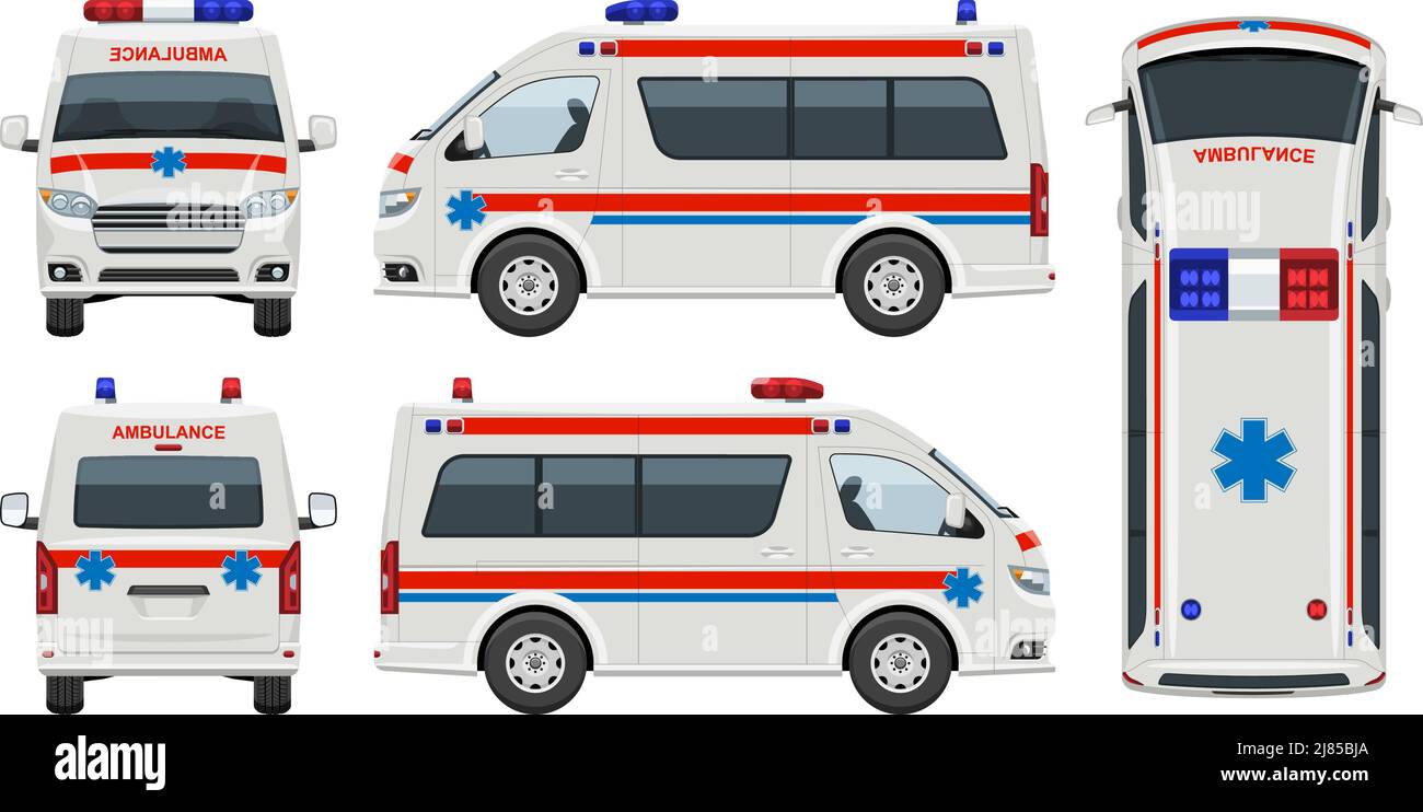 Modèle de vecteur de voiture d'ambulance avec des couleurs simples sans dégradés ni effets. Vue latérale, avant, arrière et supérieure Illustration de Vecteur