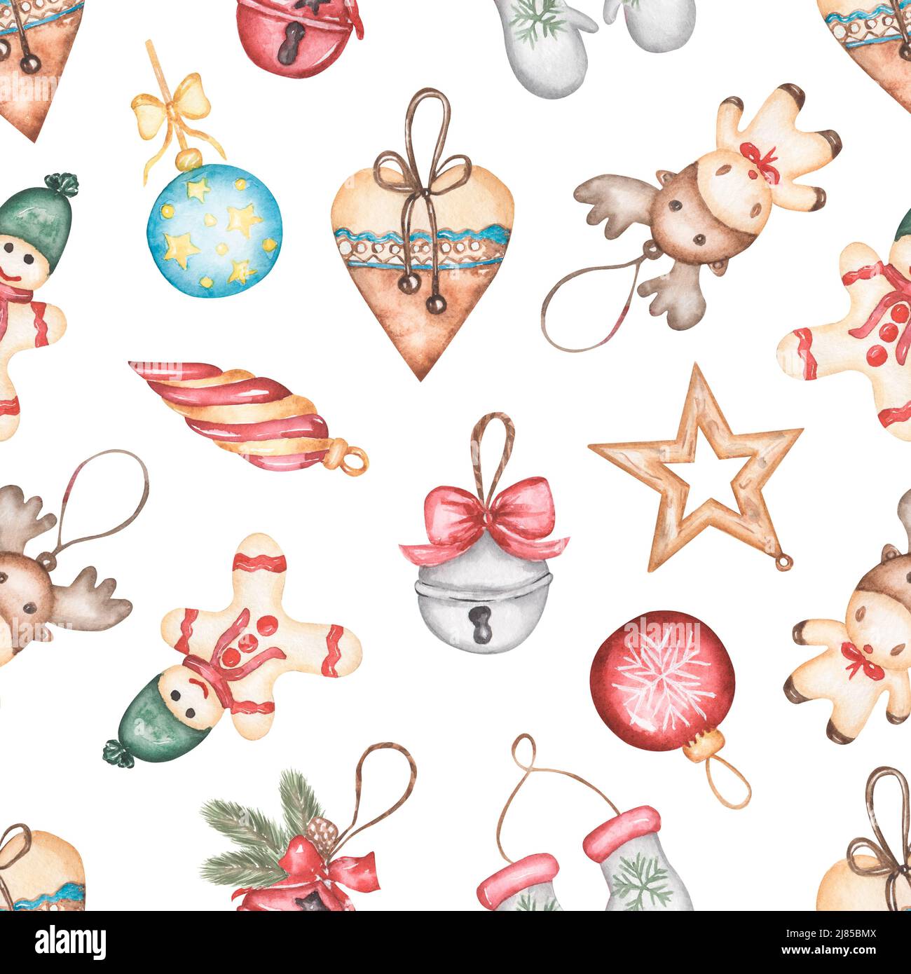 Aquarelle de Noël biscuits de pain d'épice motif sans couture, papier de répétition de jouets d'arbre de noël, imprimé d'hiver, motif de décoration des fêtes, textile Banque D'Images